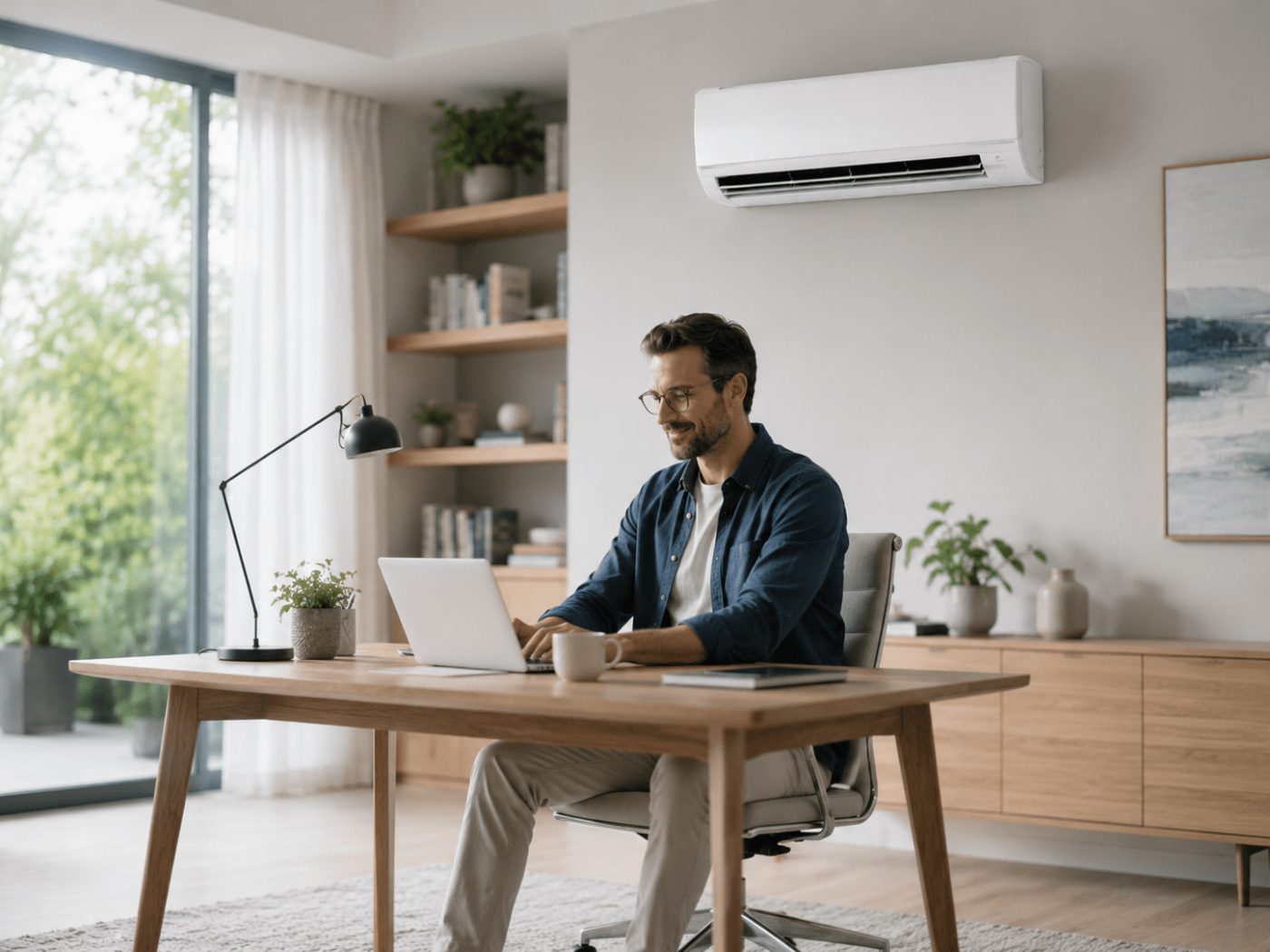 Klimaanlage in einem Arbeitszimmer, in dem eine Person am Schreibtisch arbeitet