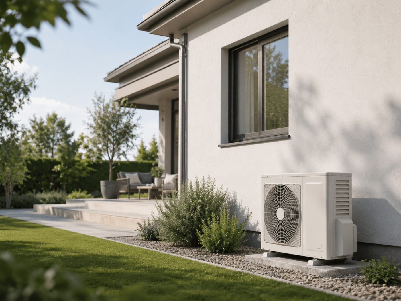 Außengerät einer Klimaanlage auf einem Sockel an der Hauswand eines Einfamilienhauses