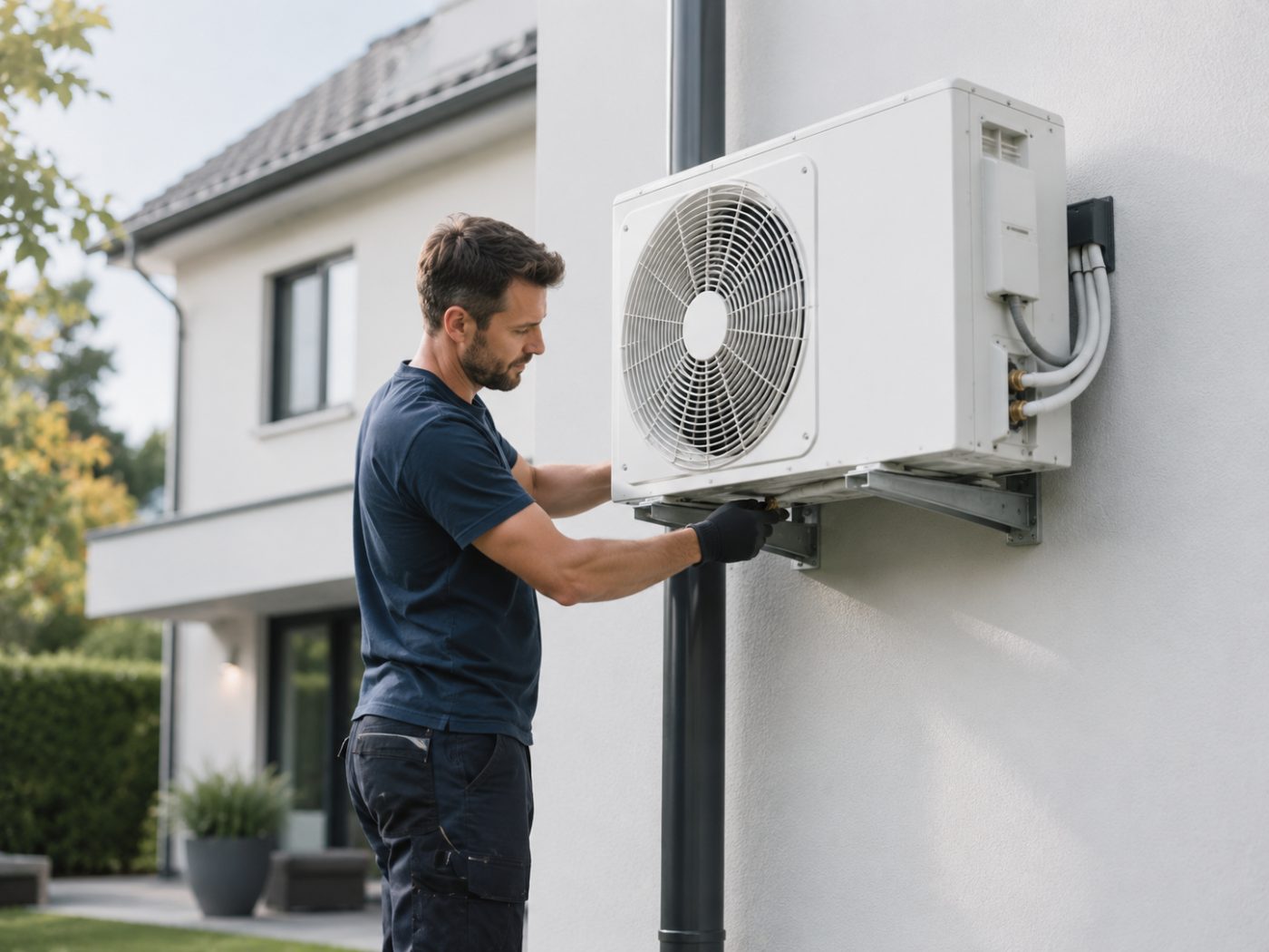 Monteur befestigt das Außengerät einer Klimaanlage an der Fassade eines Einfamilienhauses