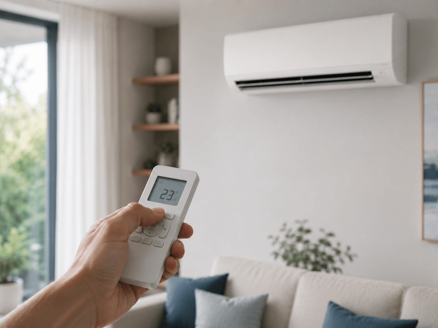 Hand mit der Fernbedienung einer Klimaanlage, im Display sind 23 Grad eingestellt