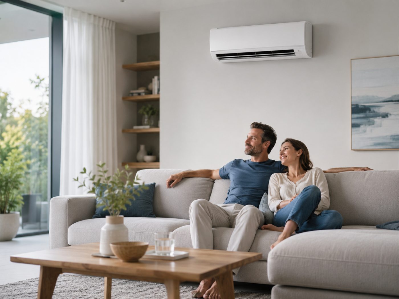Innengerät einer Split-Klimaanlage an der Wand eines hellen Wohnzimmers, davor sitzt ein Paar auf dem Sofa