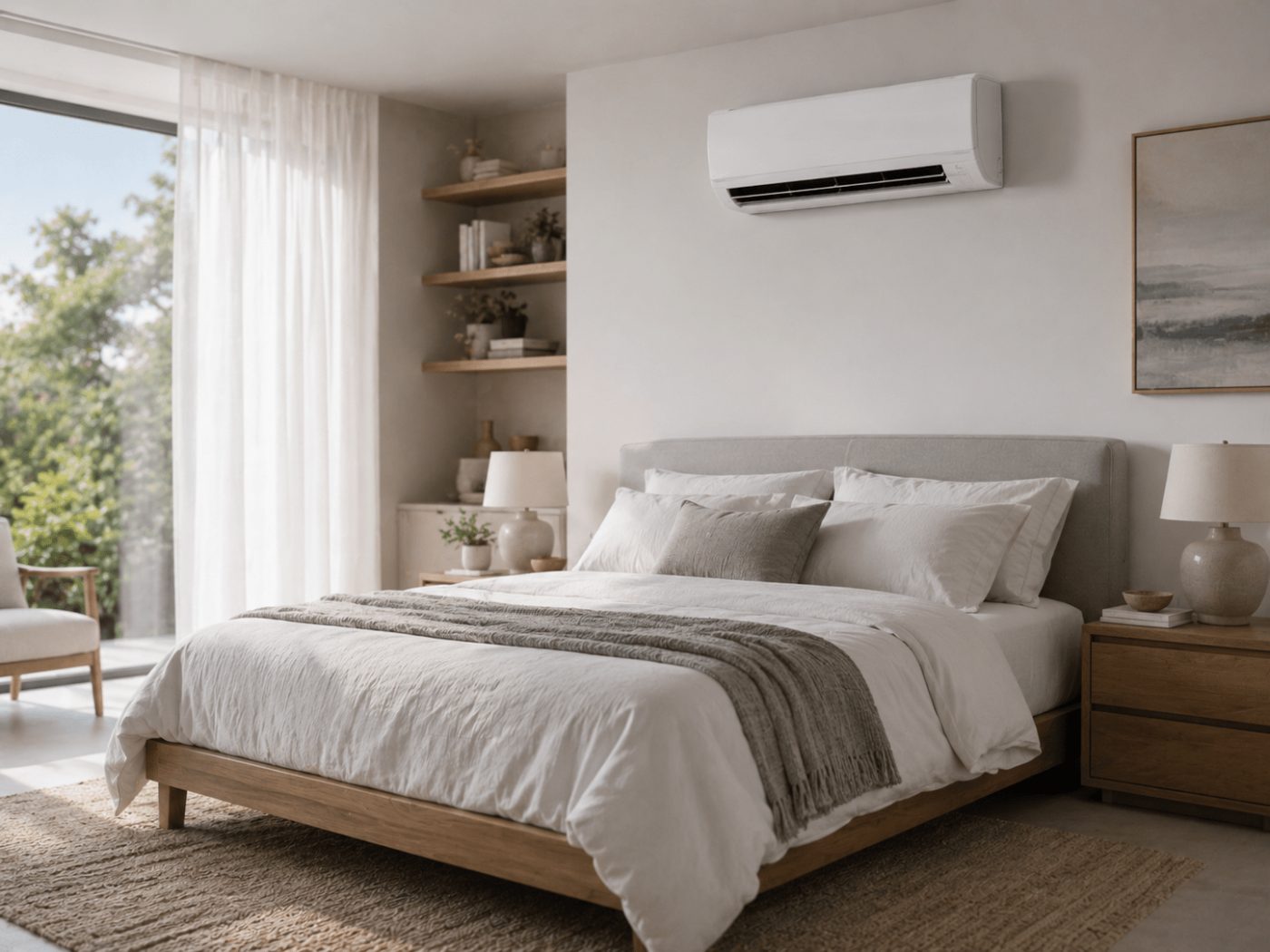 Innengerät einer Klimaanlage über dem Bett in einem hellen Schlafzimmer
