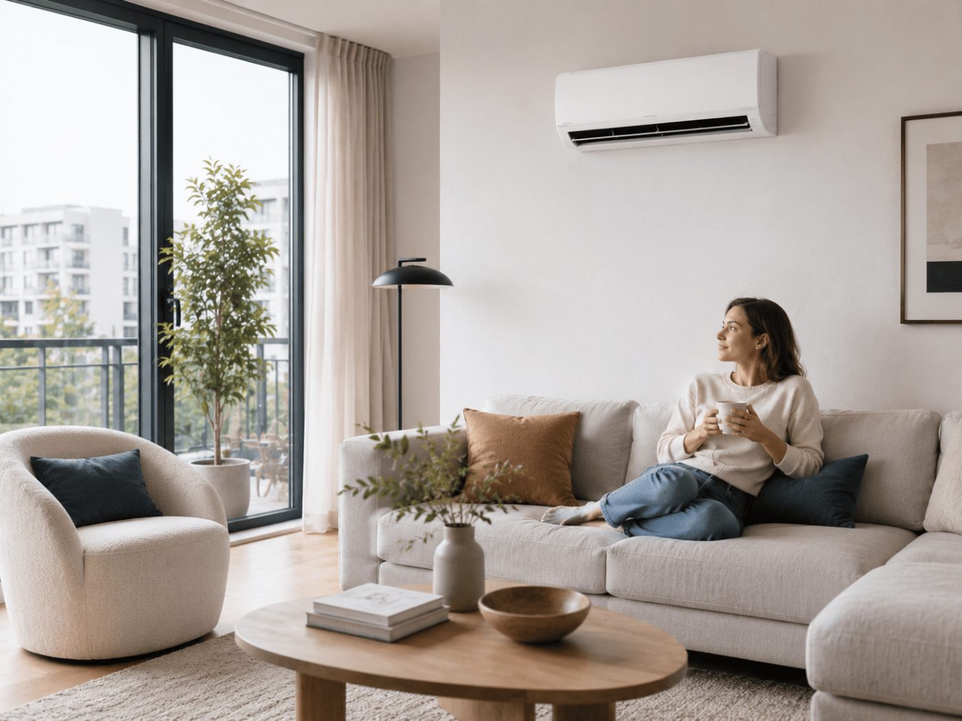 Innengerät einer Klimaanlage im Wohnzimmer einer Mietwohnung mit Balkontür