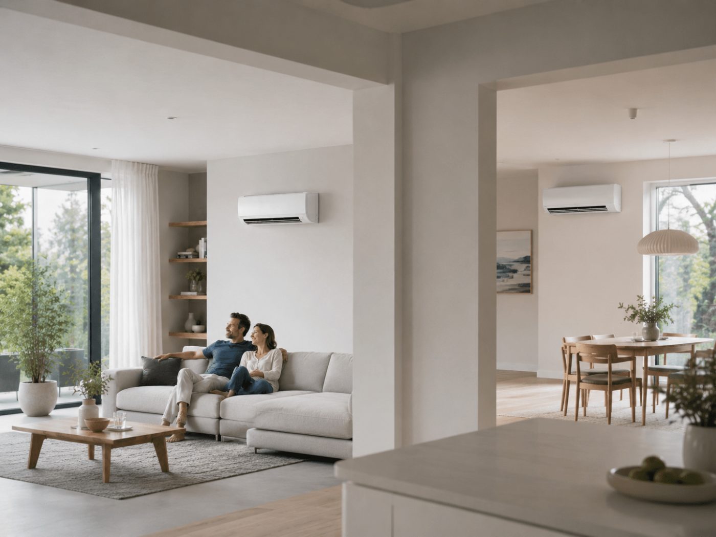 Zwei Innengeräte einer Multi-Split-Klimaanlage in einem offenen Wohn- und Essbereich