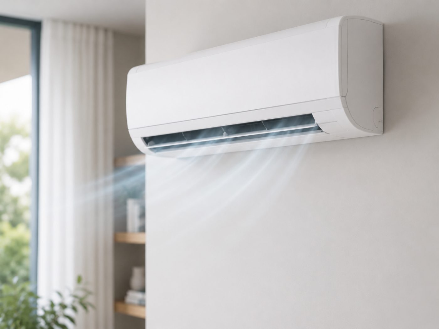 Innengerät einer Split-Klimaanlage an einer Wohnraumwand mit sichtbarem Luftstrom